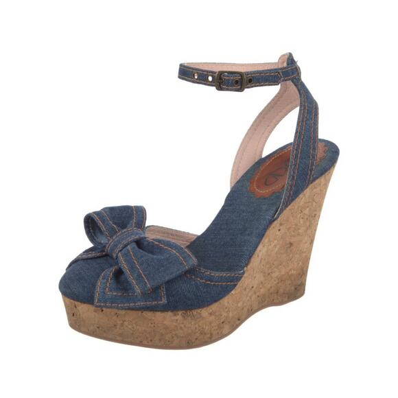 Red Valentino Denim Bow Wedge Heel Espadrille Ankle Wrap Size EU 40 EUC - Picture 1 of 5